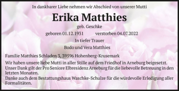 Traueranzeige von Erika Matthies (geb. Geschke)  von Magdeburger Volksstimme