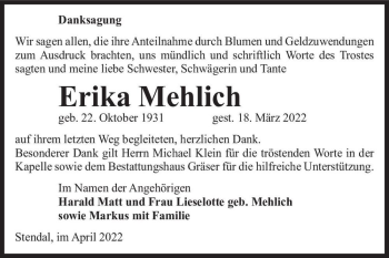 Traueranzeige von Erika Mehlich  von Magdeburger Volksstimme