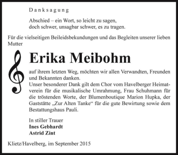 Traueranzeige von Erika Meibohm  von Magdeburger Volksstimme