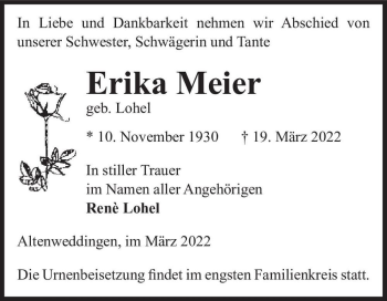 Traueranzeige von Erika Meier (geb. Lohel)  von Magdeburger Volksstimme