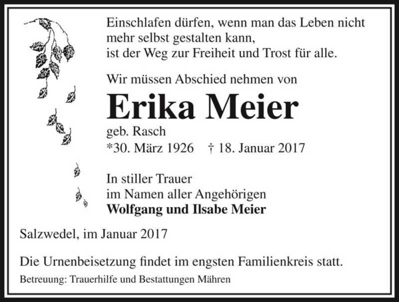  Traueranzeige für Erika Meier (geb. Rasch)  vom 21.01.2017 aus Magdeburger Volksstimme