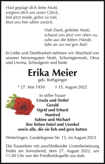 Traueranzeige von Erika Meier (geb. Rothgänger)  von Magdeburger Volksstimme