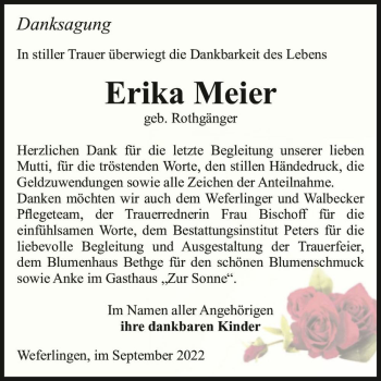 Traueranzeige von Erika Meier (geb. Rothgänger)  von Magdeburger Volksstimme