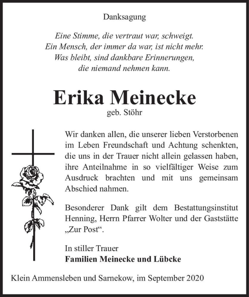  Traueranzeige für Erika Meinecke (geb. Stöhr)  vom 26.09.2020 aus Magdeburger Volksstimme