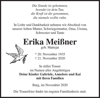 Traueranzeige von Erika Meißner (geb. Mattejat)  von Magdeburger Volksstimme