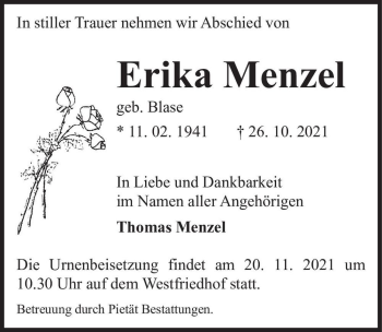 Traueranzeige von Erika Menzel (geb. Blase)  von Magdeburger Volksstimme