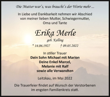 Traueranzeige von Erika Merle (geb. Kelling)  von Magdeburger Volksstimme