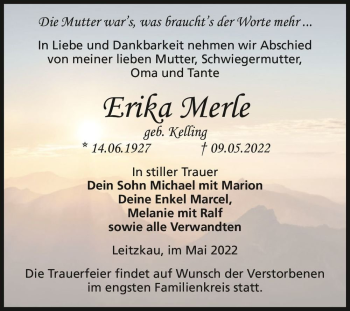 Traueranzeige von Erika Merle (geb. Kelling)  von Magdeburger Volksstimme