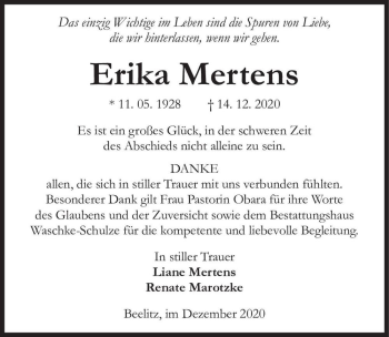Traueranzeige von Erika Mertens  von Magdeburger Volksstimme