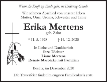 Traueranzeige von Erika Mertens (geb. Zahn)  von Magdeburger Volksstimme