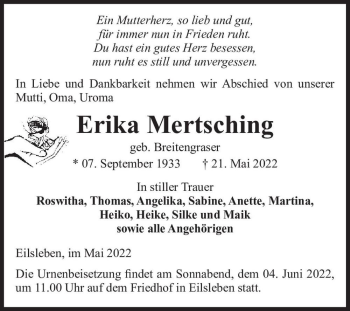 Traueranzeige von Erika Mertsching (geb. Breitengraser)  von Magdeburger Volksstimme