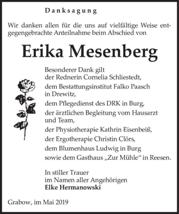 Traueranzeige von Erika Mesenberg  von Magdeburger Volksstimme