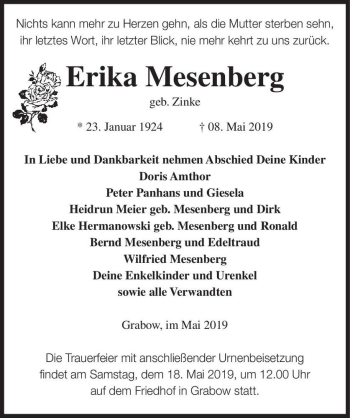 Traueranzeige von Erika Mesenberg (geb. Zinke)  von Magdeburger Volksstimme