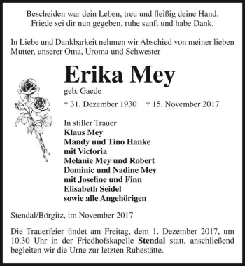 Traueranzeige von Erika Mey (geb. Gaede)  von Magdeburger Volksstimme