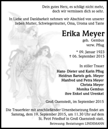 Traueranzeige von Erika Meyer (geb. Gembus, verw. Pflug)  von Magdeburger Volksstimme