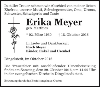 Traueranzeige von Erika Meyer (geb. Matthies)  von Magdeburger Volksstimme