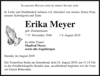 Traueranzeige von Erika Meyer (geb. Zimmermann)  von Magdeburger Volksstimme