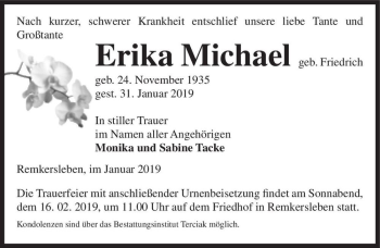 Traueranzeige von Erika Michael (geb. Friedrich)  von Magdeburger Volksstimme