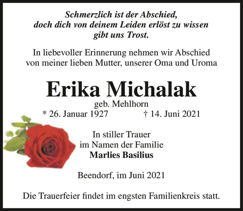  Traueranzeige für Erika Michalak (geb. Mehlhorn)  vom 17.06.2021 aus Magdeburger Volksstimme