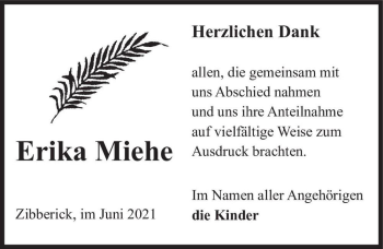 Traueranzeige von Erika Miehe  von Magdeburger Volksstimme
