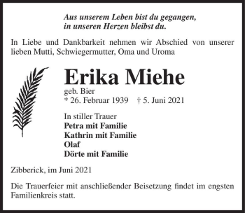 Traueranzeige von Erika Miehe (geb. Bier)  von Magdeburger Volksstimme