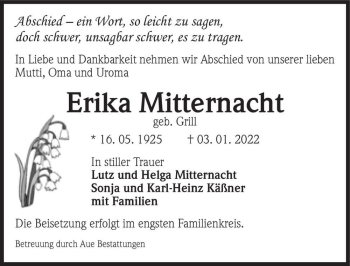 Traueranzeige von Erika Mitternacht (geb. Grill)  von Magdeburger Volksstimme