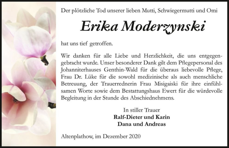  Traueranzeige für Erika Moderzynski  vom 19.12.2020 aus Magdeburger Volksstimme
