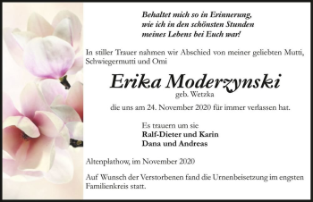 Traueranzeige von Erika Moderzynski (geb. Wetzka)  von Magdeburger Volksstimme