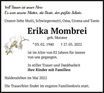Traueranzeige von Erika Mombrei (geb. Morawe)  von Magdeburger Volksstimme