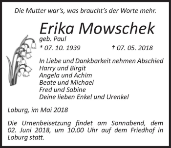 Traueranzeige von Erika Mowschek (geb. Paul)  von Magdeburger Volksstimme