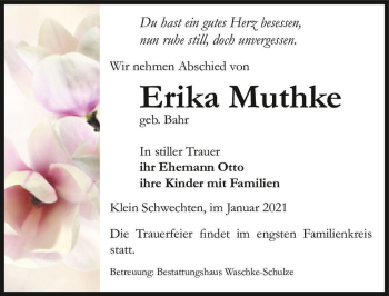 Traueranzeige von Erika Muthke (geb. Bahr)  von Magdeburger Volksstimme