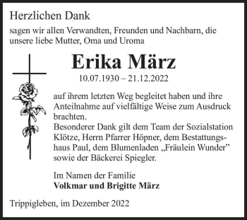 Traueranzeige von Erika März  von Magdeburger Volksstimme