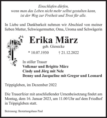 Traueranzeige von Erika März (geb. Giesecke)  von Magdeburger Volksstimme