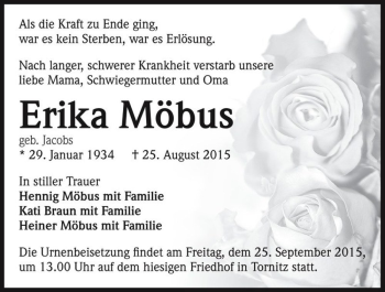 Traueranzeige von Erika Möbus (geb. Jacobs)  von Magdeburger Volksstimme