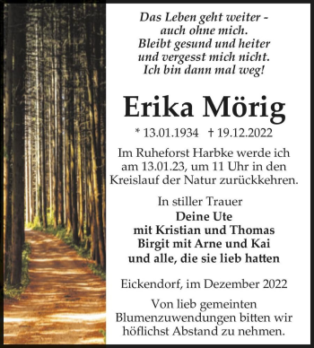 Traueranzeige von Erika Mörig  von Magdeburger Volksstimme