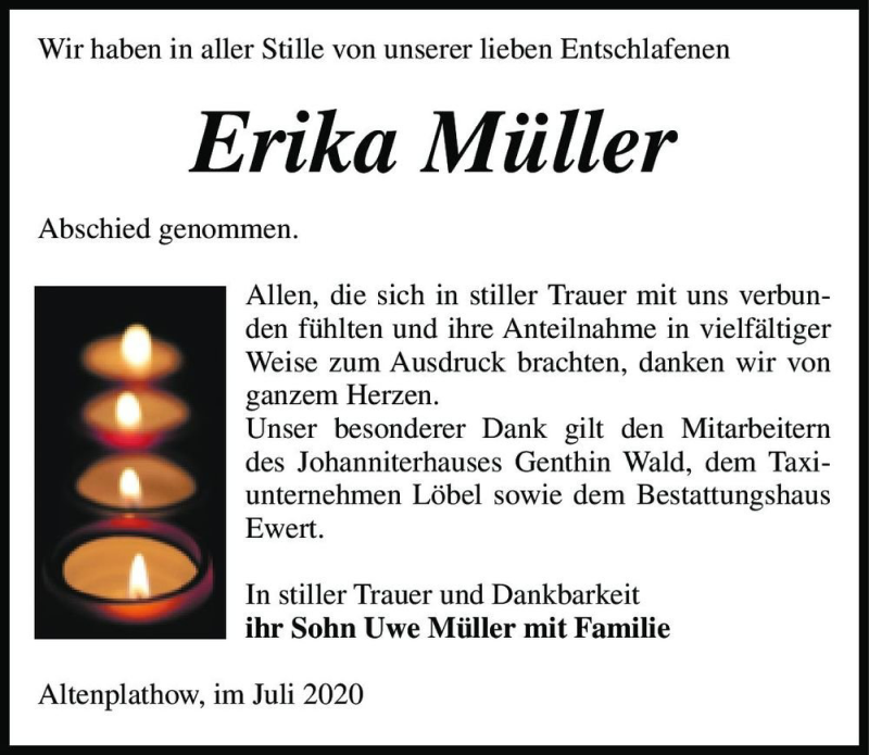  Traueranzeige für Erika Müller  vom 11.07.2020 aus Magdeburger Volksstimme