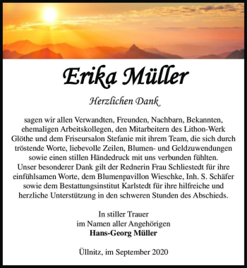 Traueranzeige von Erika Müller  von Magdeburger Volksstimme