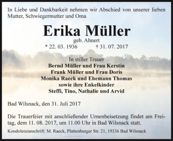 Traueranzeige von Erika Müller (geb. Ahnert)  von Magdeburger Volksstimme