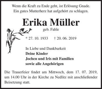 Traueranzeige von Erika Müller (geb. Fahle)  von Magdeburger Volksstimme