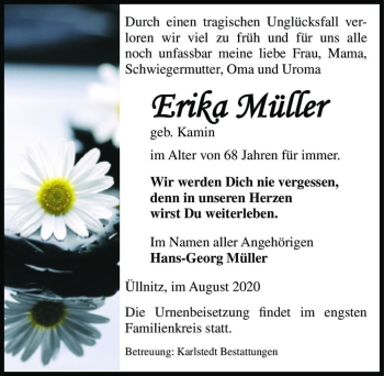 Traueranzeige von Erika Müller (geb. Kamin)  von Magdeburger Volksstimme
