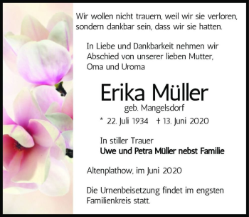 Traueranzeige von Erika Müller (geb. Mangelsdorf)  von Magdeburger Volksstimme