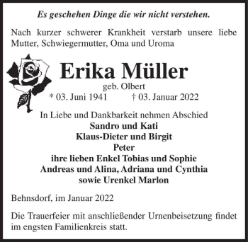 Traueranzeige von Erika Müller (geb. Olbert)  von Magdeburger Volksstimme