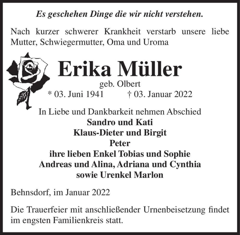  Traueranzeige für Erika Müller (geb. Olbert)  vom 07.01.2022 aus Magdeburger Volksstimme