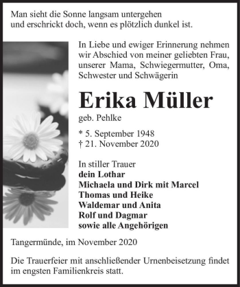 Traueranzeige von Erika Müller (geb. Pehlke)  von Magdeburger Volksstimme