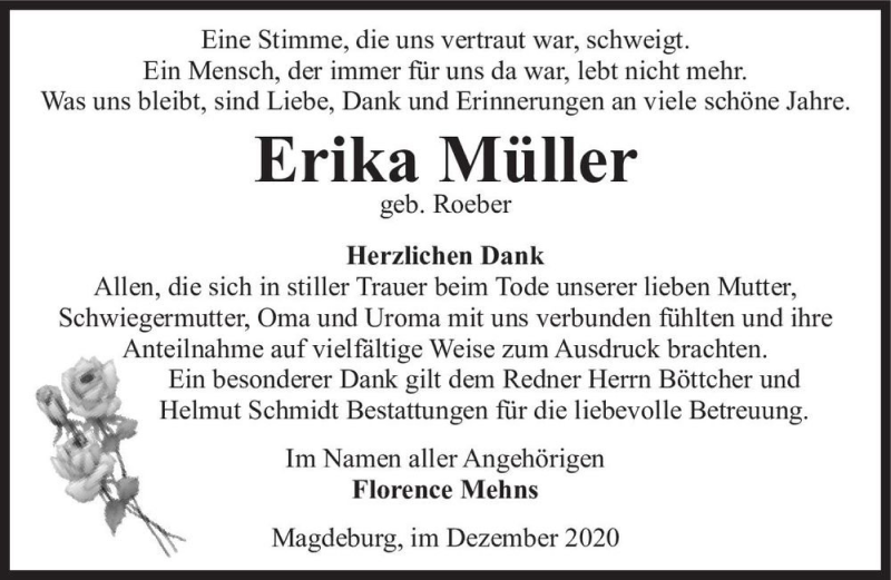  Traueranzeige für Erika Müller (geb. Roeber)  vom 19.12.2020 aus Magdeburger Volksstimme