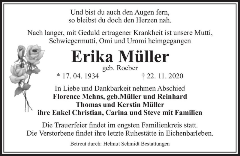  Traueranzeige für Erika Müller (geb. Roeber)  vom 28.11.2020 aus Magdeburger Volksstimme