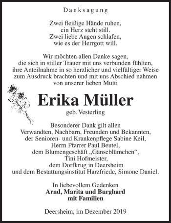 Traueranzeige von Erika Müller (geb. Vesterling)  von Magdeburger Volksstimme
