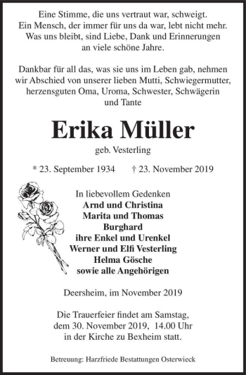 Traueranzeige von Erika Müller (geb. Vesterling)  von Magdeburger Volksstimme