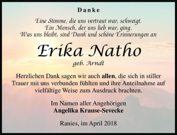 Traueranzeige von Erika Natho (geb. Arndt)  von Magdeburger Volksstimme