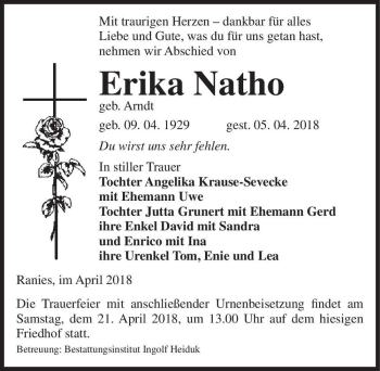 Traueranzeige von Erika Natho (geb. Arndt)  von Magdeburger Volksstimme